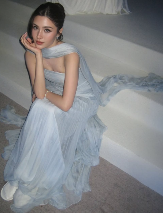 Baby Blue A Line Strapless Pleated Chiffon Long Prom Dress Party Dress DP2582