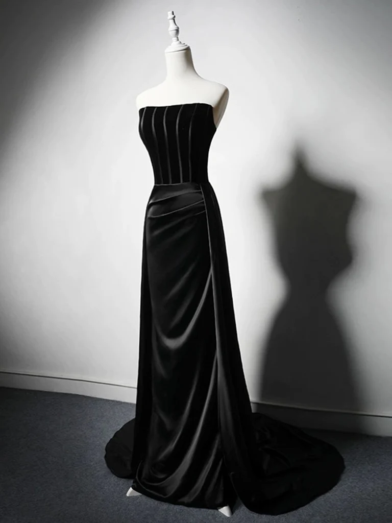 Black Strapless Velvet Satin Long Prom Dress Formal Bridesmaid Dress DP415