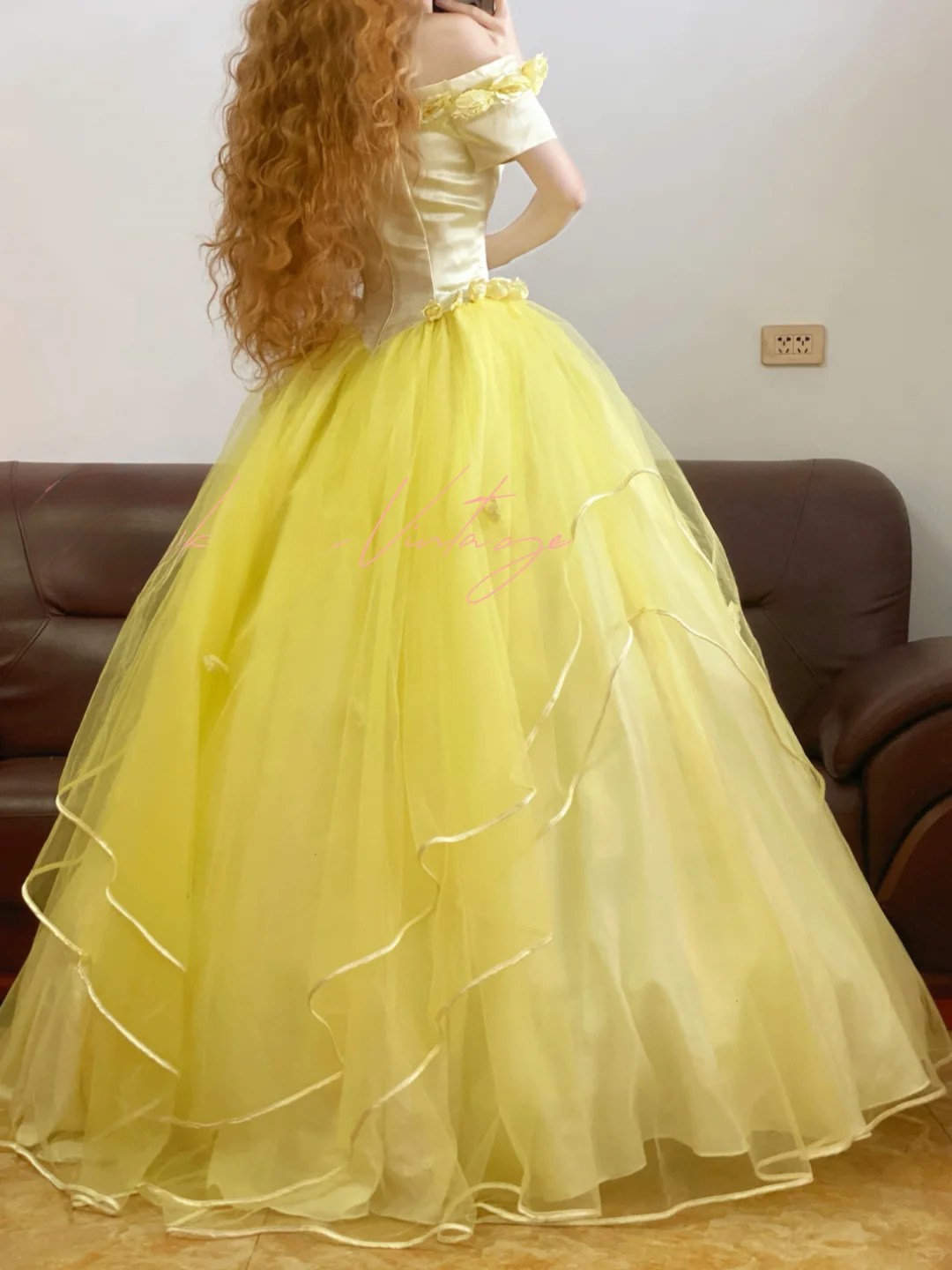 Vintage Ball Gown Off the Shoulder Floral Yellow Satin Tulle Prom Dress 22 Birthday Dress DP4073