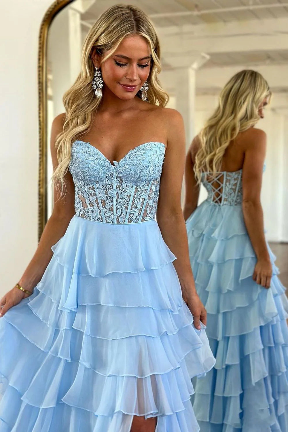 Elegant A Line Sweetheart Neck Appliques Light Blue Chiffon Prom Dress Evening Dress with Slit DP2056