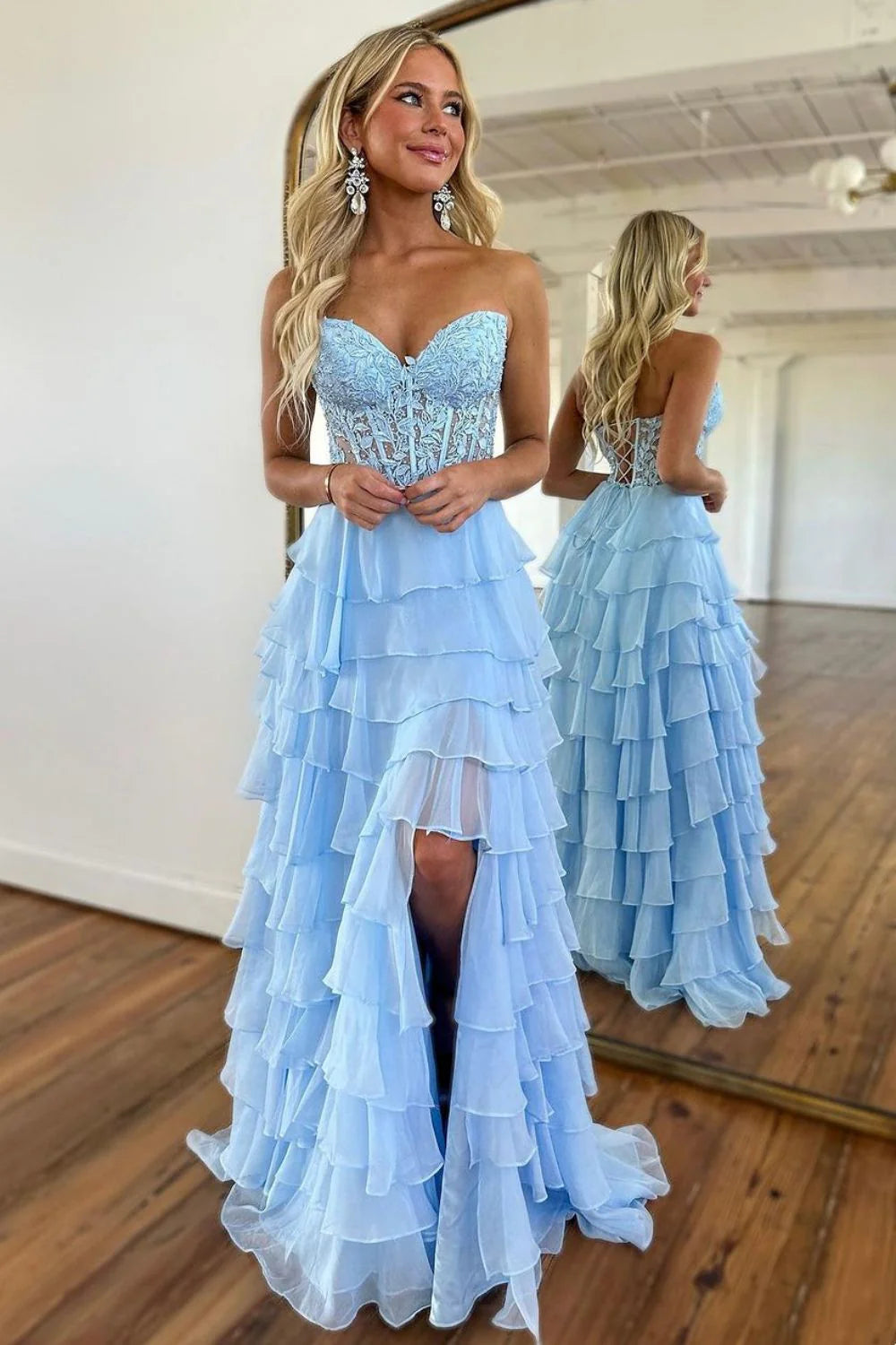 Elegant A Line Sweetheart Neck Appliques Light Blue Chiffon Prom Dress Evening Dress with Slit DP2056