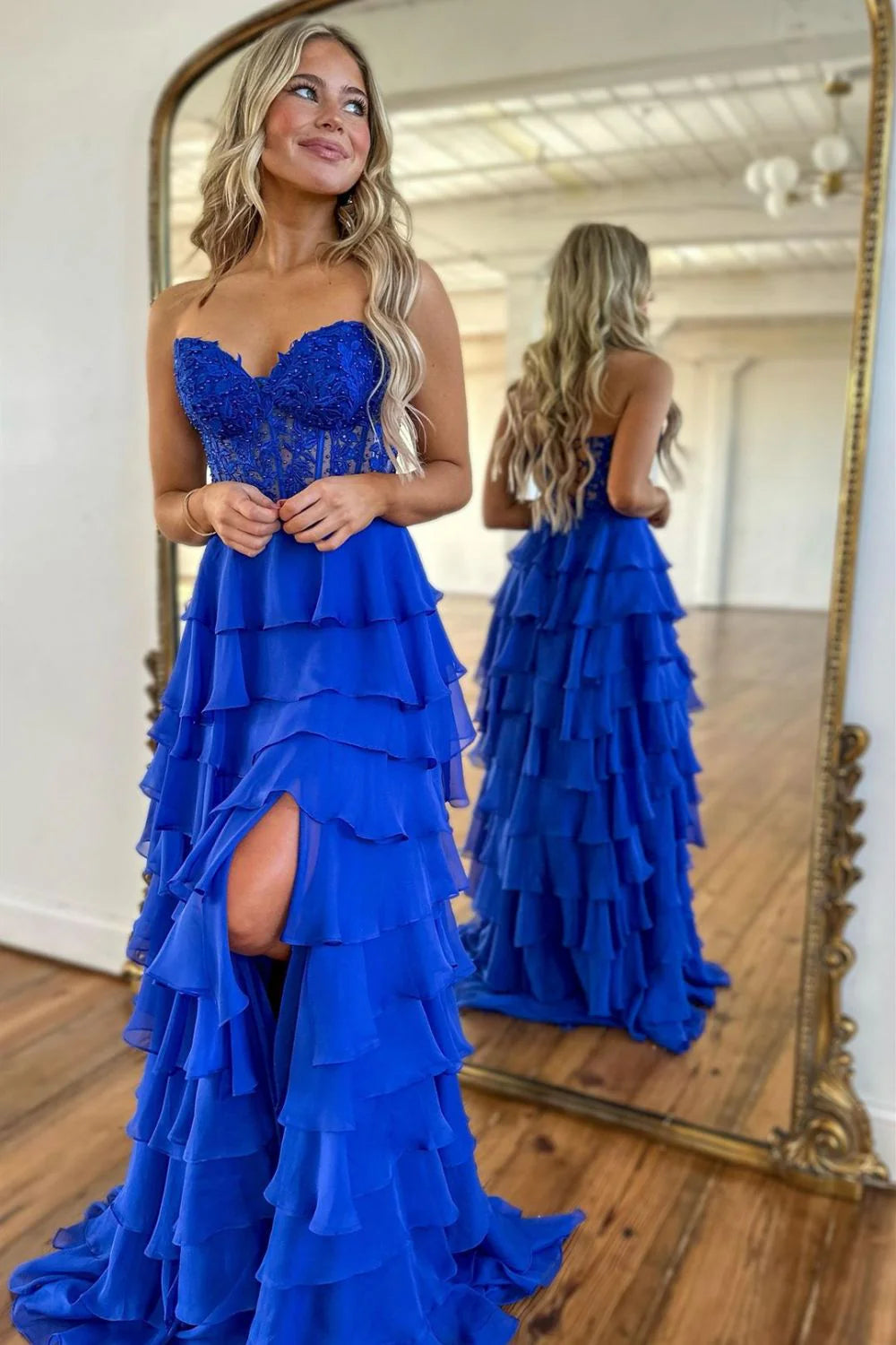 Elegant A Line Sweetheart Neck Appliques Light Blue Chiffon Prom Dress Evening Dress with Slit DP2056
