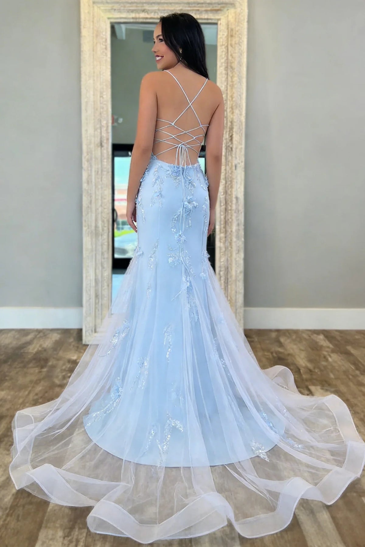 Chic Mermaid Spaghetti Straps Baby Blue Mermaid Prom Dress with Tulle Train DP7447