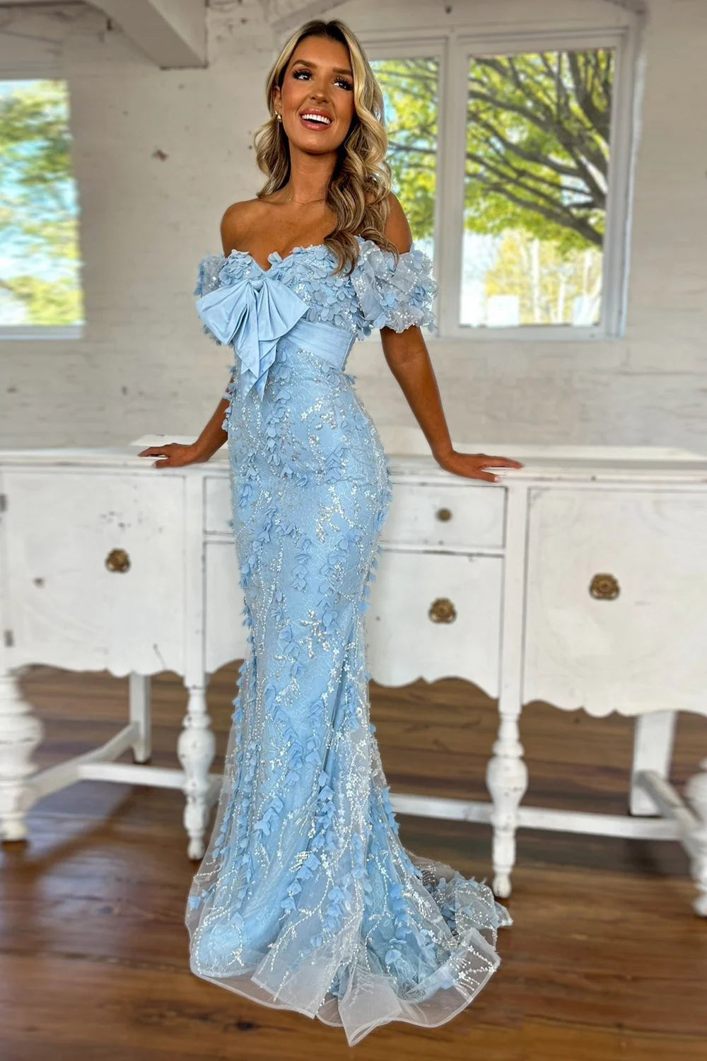 Lovely Light Blue Mermaid Off The Shoulder Long Glitter Prom Party Dress DP7743