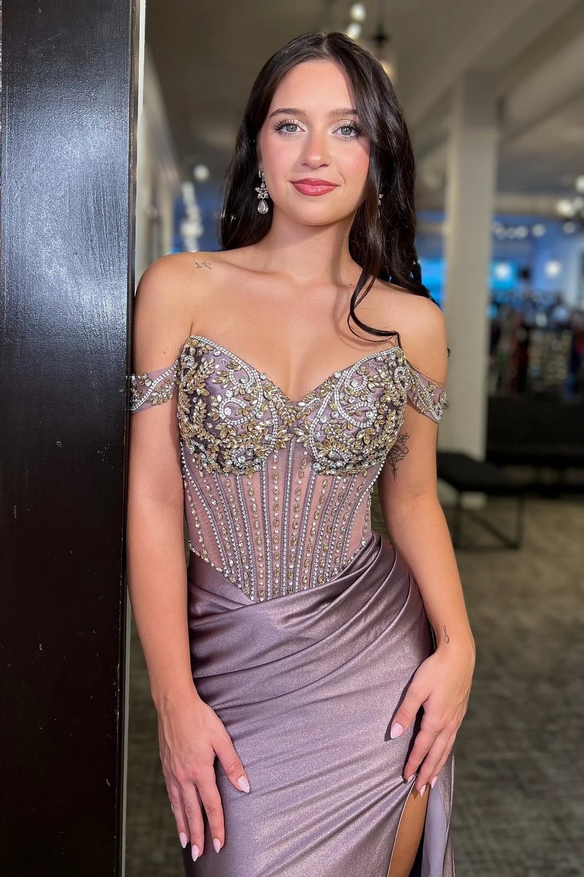 Stunning Mermaid Off the Shoulder Grey Purple Corset Prom Dress with Beading DP7488