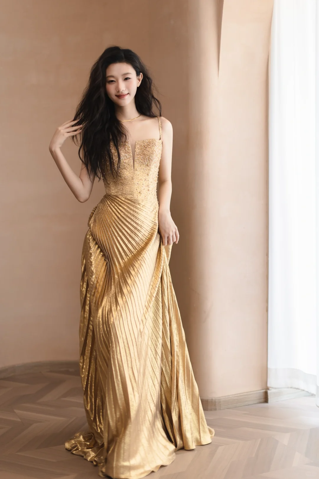 Golden A Line Spaghetti Strap Beaded Pleated Satin Long Prom Dress Formal Dress DP3331