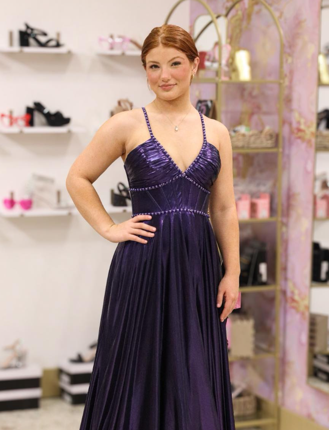 Dark Purple A Line Spaghetti Straps Beaded Unique Satin Long Prom Dress Evening Dress DP6269