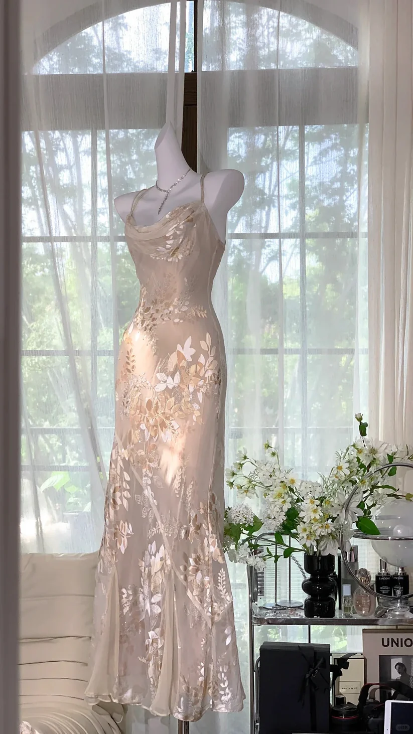 Apricot Print Floral Romantic Elegant Chiffon Long Evening Gown Birthday Gown DP2915