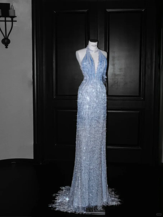 New A Line Halter Blue Sequin Long Prom Dress Evening Dress DP2653