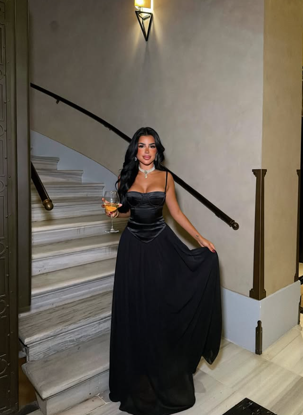 Simple A Line Spaghetti Strap Black Satin Chiffon Long Prom Dress Evening Dress DP8181