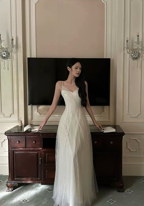 Gentle White A Line Spaghetti Strap Lace Tulle Prom Dress Evening Dress DP7937