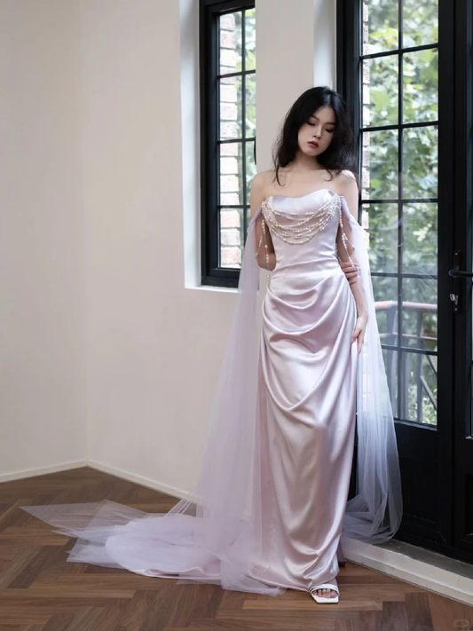 Purple Sheath Off the Shoulder Pearl Satin Tulle Party Dress Evening Dress DP2547