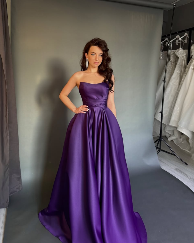 Simple Dark Purple A Line Strapless Satin Long Prom Dress Evening Dress DP3080