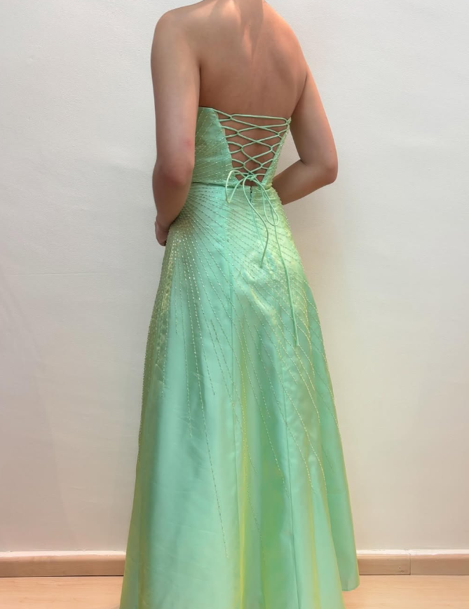 Simple A Line Strapless Beaded Green Satin Long Prom Dress Evening Dress DP1746