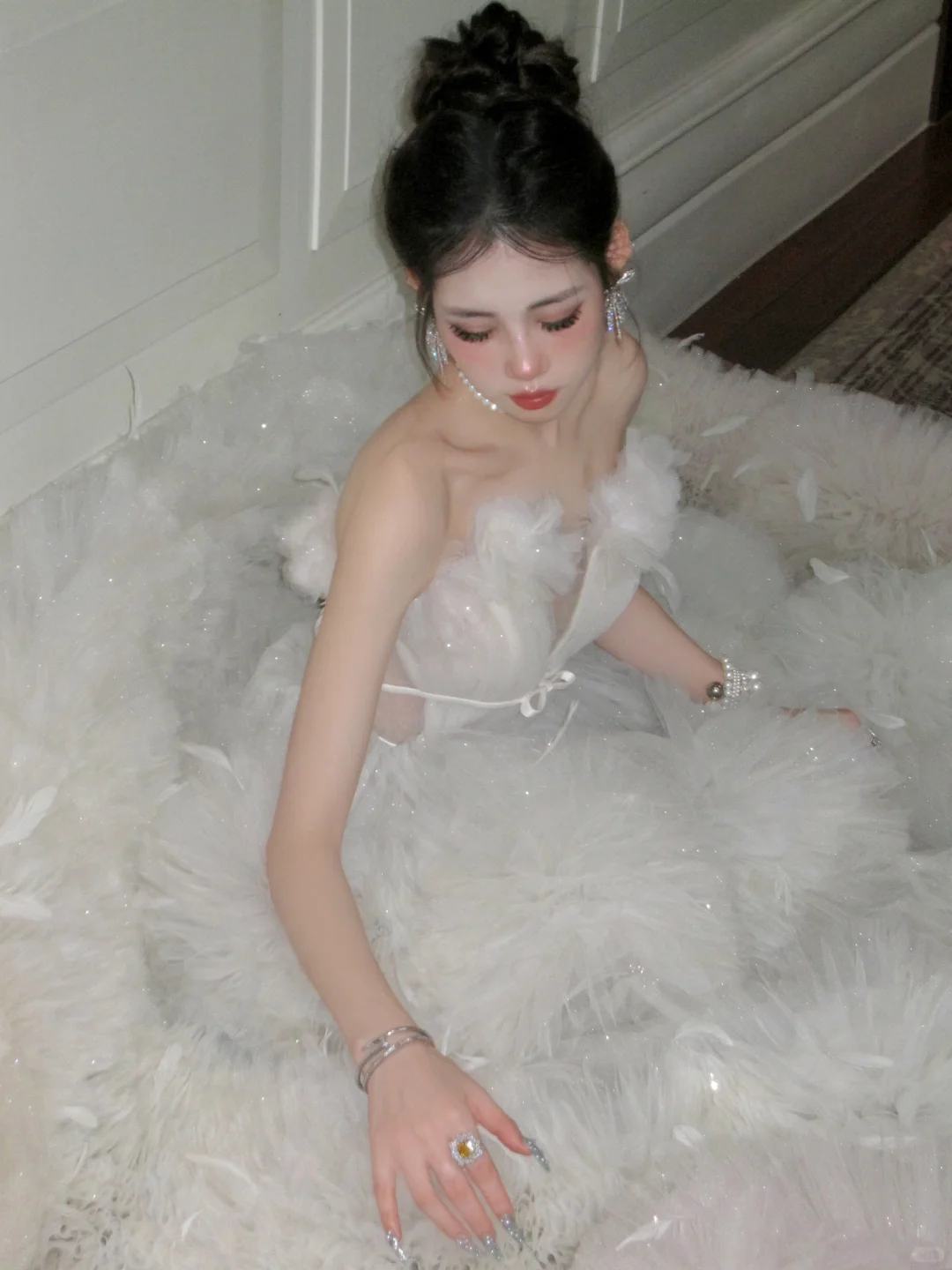 Ball Gown V Neck Feather Sequin Layered Tulle Long Party Dress Evening Dress DP2553