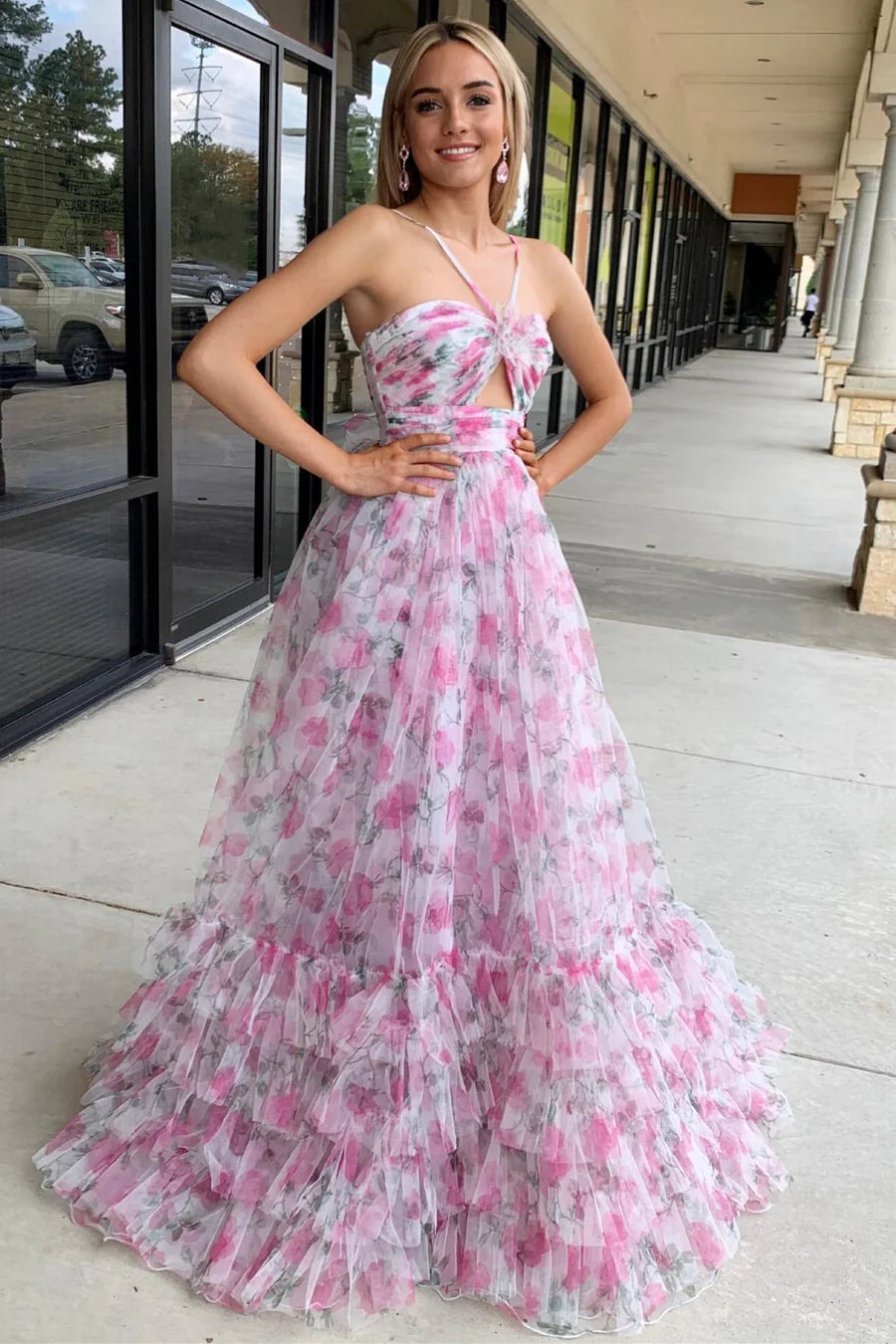 Pink A Line Halter Print Flower Tulle Long Prom Dress Evening Dress DP1127