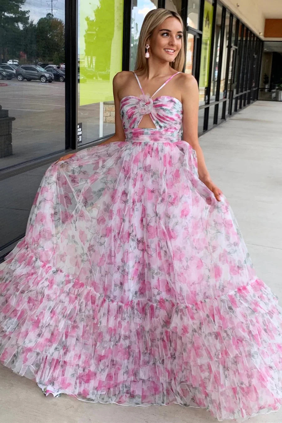 Pink A Line Halter Print Flower Tulle Long Prom Dress Evening Dress DP1127