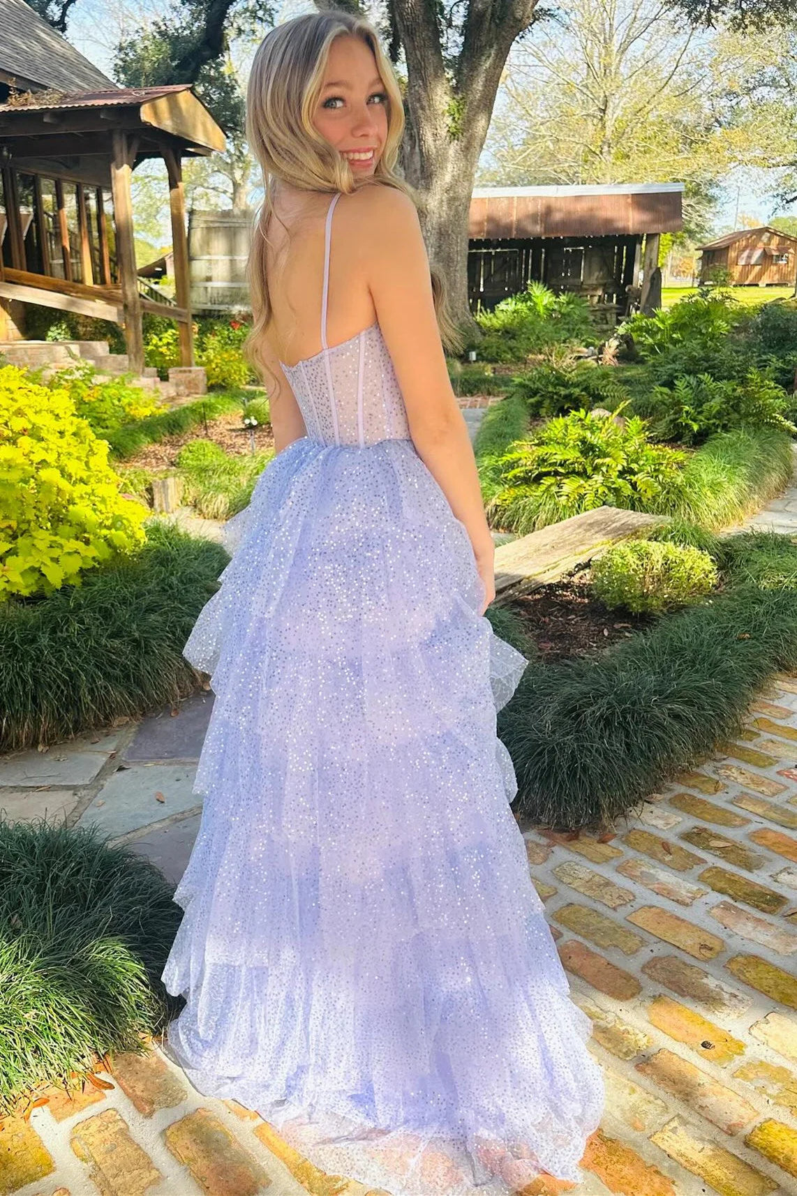 Lavender Tulle Sequin Ruffle Tiered Long Prom Dress Evening Dress DP1084