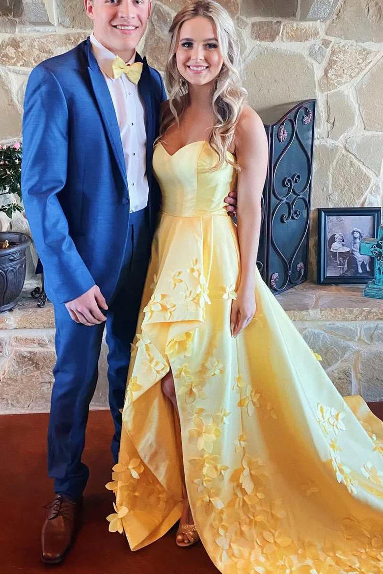 Cute A Line Sweetheart Neck Flower Yellow Satin Long Party Dress Wedding Guest Dress DP2401
