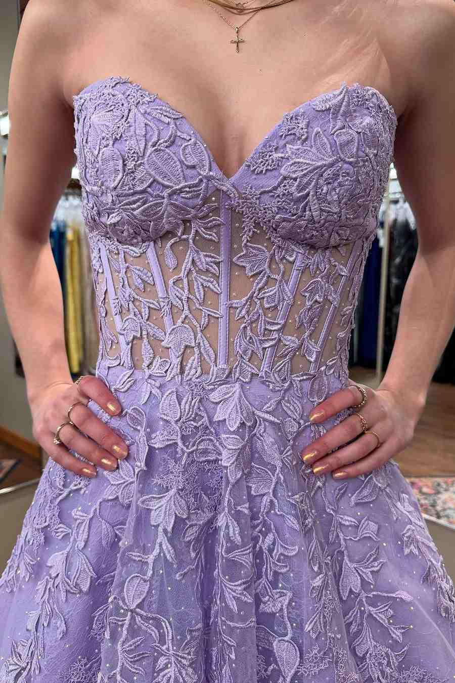 Gentle A Line Strapless Lilac Lace Tulle Long Party Dress Wedding Guest Dress DP2399
