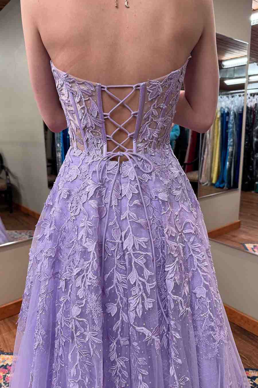 Gentle A Line Strapless Lilac Lace Tulle Long Party Dress Wedding Guest Dress DP2399