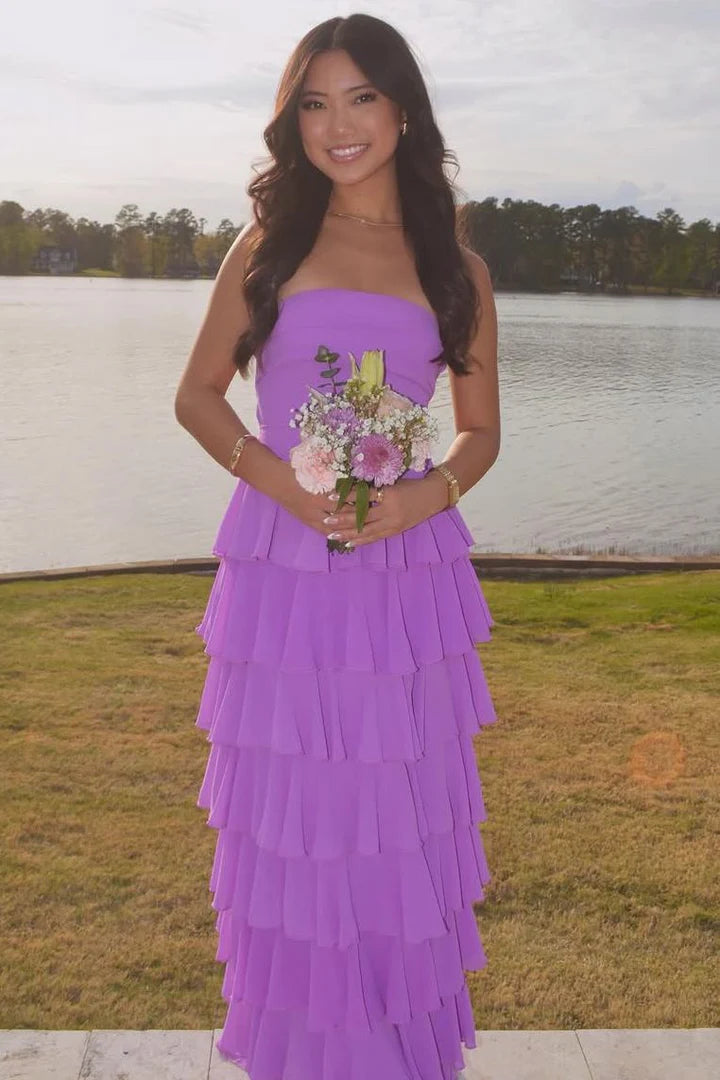 Purple Sheath Strapless Scoop Ruffles Sleeveless Long Prom Formal Dress DP2394