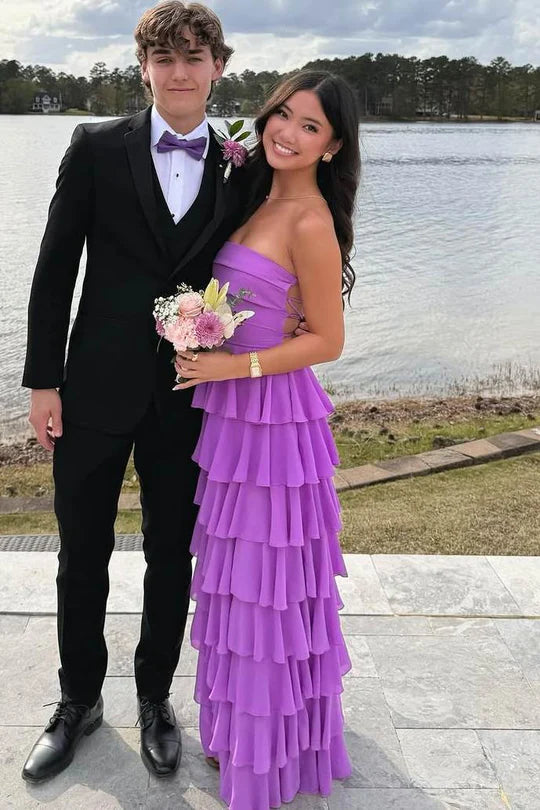 Purple Sheath Strapless Scoop Ruffles Sleeveless Long Prom Formal Dress DP2394