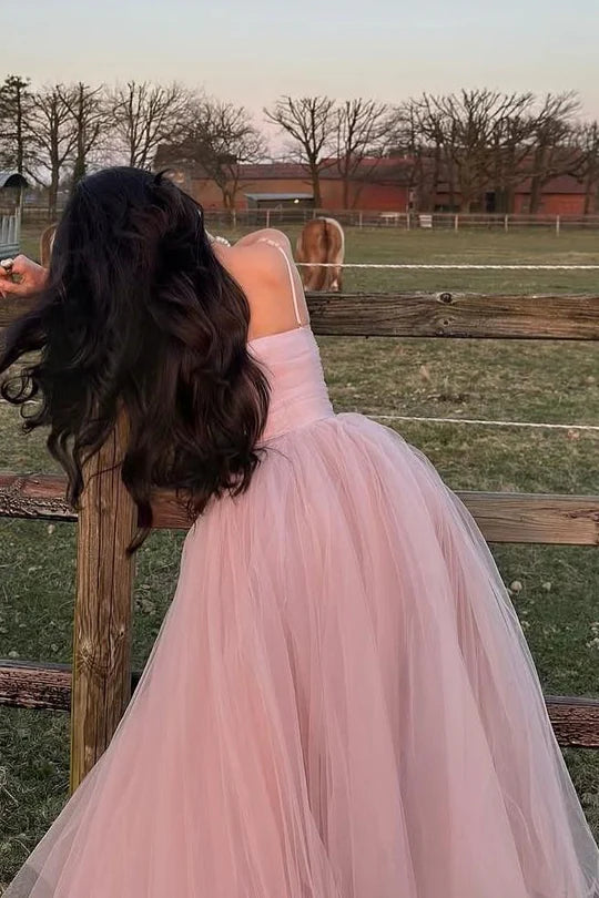 Pink Spaghetti Straps Empire-Waist Tulle Long Prom Party Dress DP2393