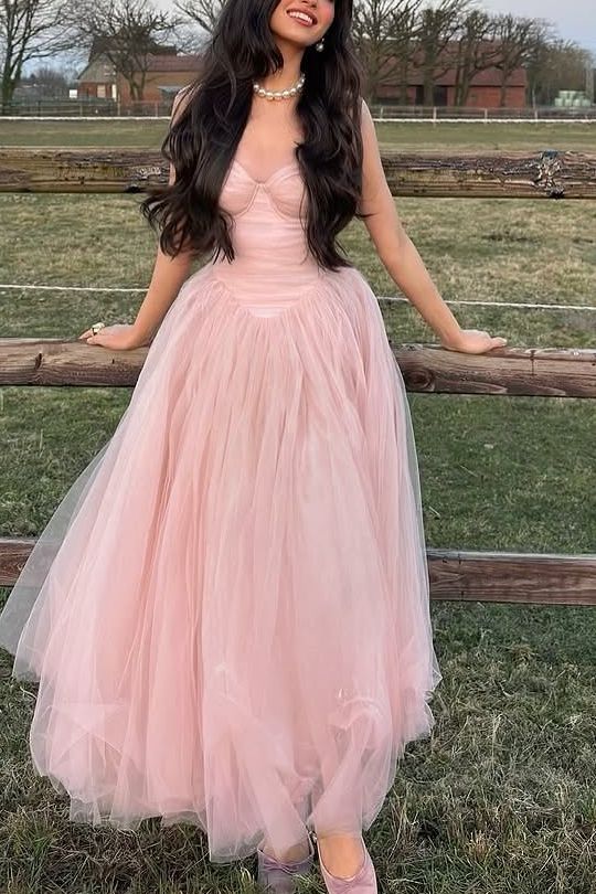 Pink Spaghetti Straps Empire-Waist Tulle Long Prom Party Dress DP2393