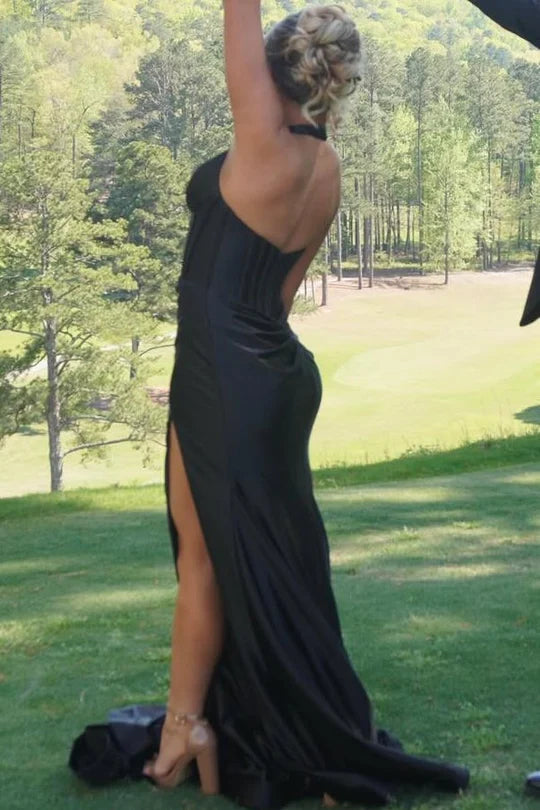 Classy Halter Deep V-Neck Satin Mermaid Prom Formal Dress with Slit DP2391