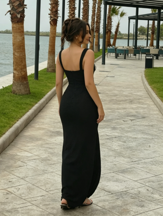Sexy Black Sheath Straps Beaded Satin Long Prom Dress Evening Dress with Slit DP5147