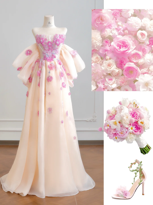 Classy A Line Strapless Pink Floral Organza Long Prom Dresses DP4181