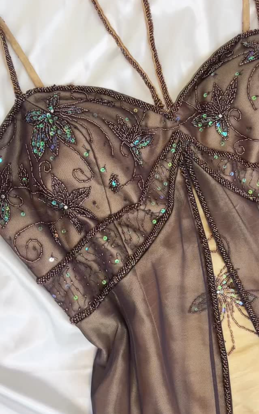 Vintage A Line Spaghetti Strap Beaded Brown Tulle Yellow Satin Prom Dress Party Dress DP3116