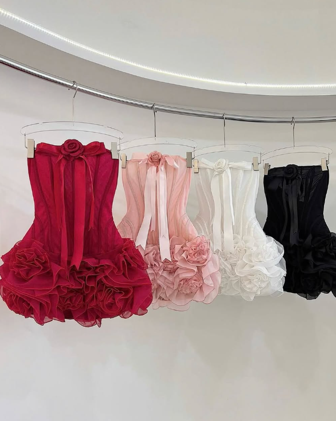 Black A Line Strapless Flower Satin Mini Homecoming Dress Cocktail Dress DP2807