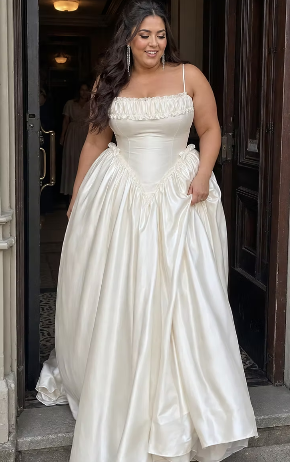 High-class A Line Spaghetti Strap White Satin Long Wedding Dress DP7985