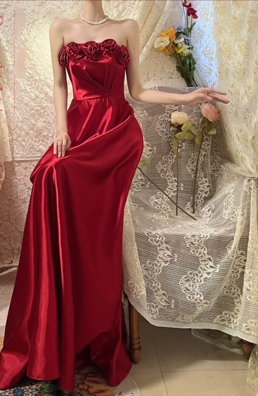 Burgundy A Line Strapless Floral Satin Long Prom Dress Date Dress DP4271