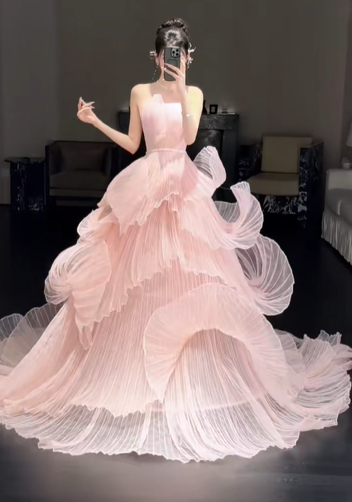 Unique A Line Strapless Layered Pink Organza Long Party Dress Prom Dress DP2507