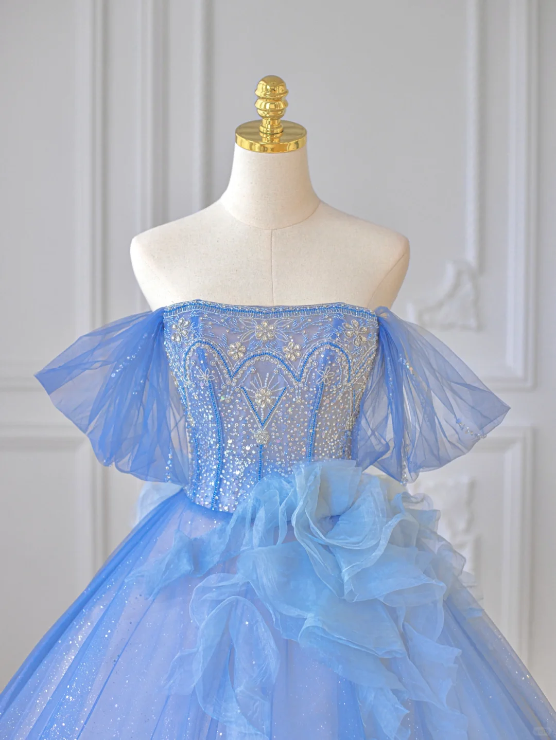 Elegant A Line Off the Shoulder Beaded Sequin Blue Tulle Long Prom Dress Party Dress DP2726
