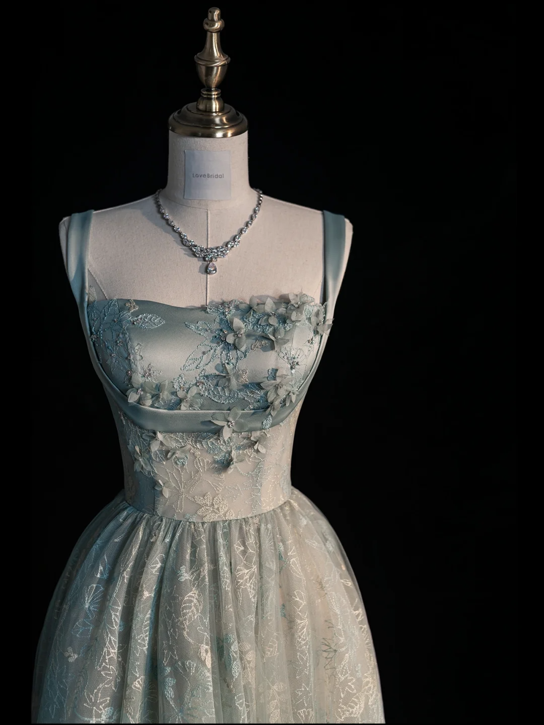 Elegant A Line Strap Flower Blue Satin Tulle Prom Dress Evening Dress DP2179