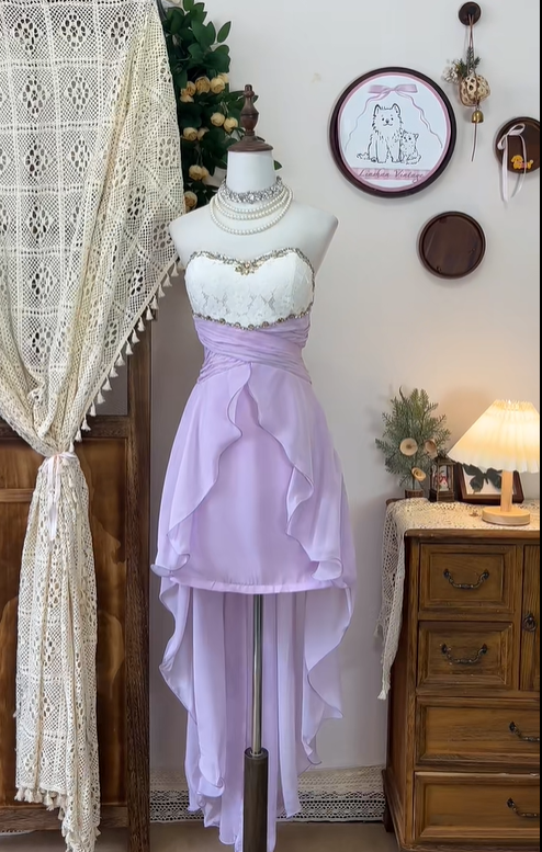 Vintage A Line Sweetheart Neck Beaded White Lace Purple Chiffon Homecoming Dress Cocktail Dress DP2444