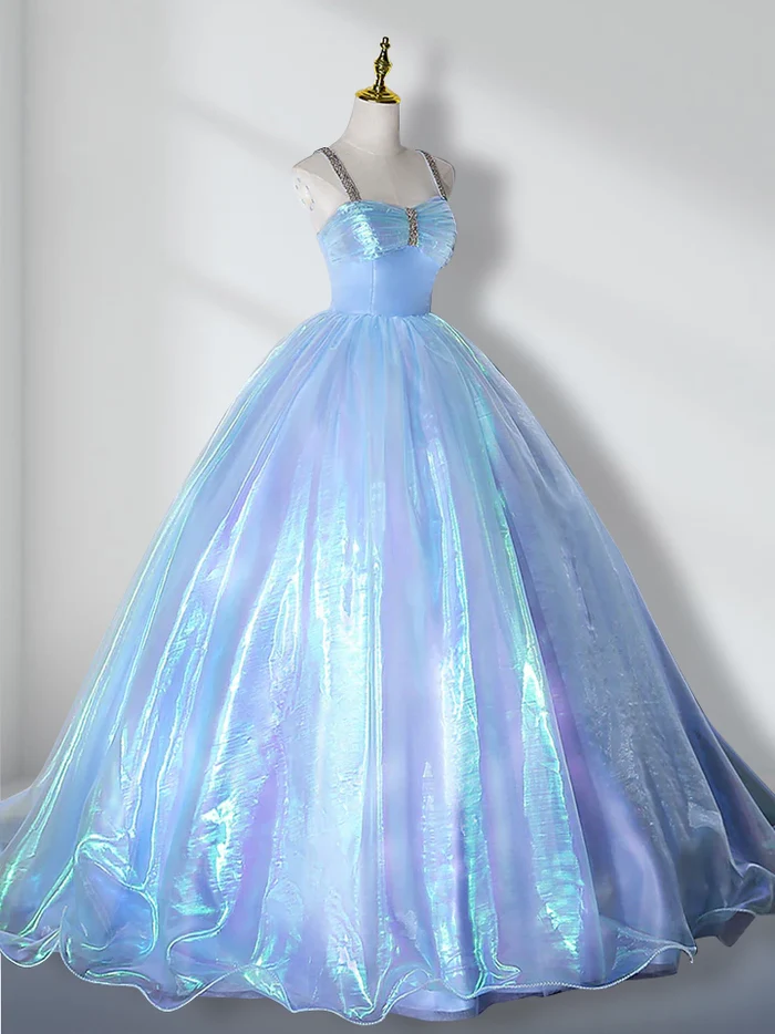 Luxurious Sky Blue Sweetheart Neck Beaded Tulle Long Prom Dress Quinceanera Dress DP526