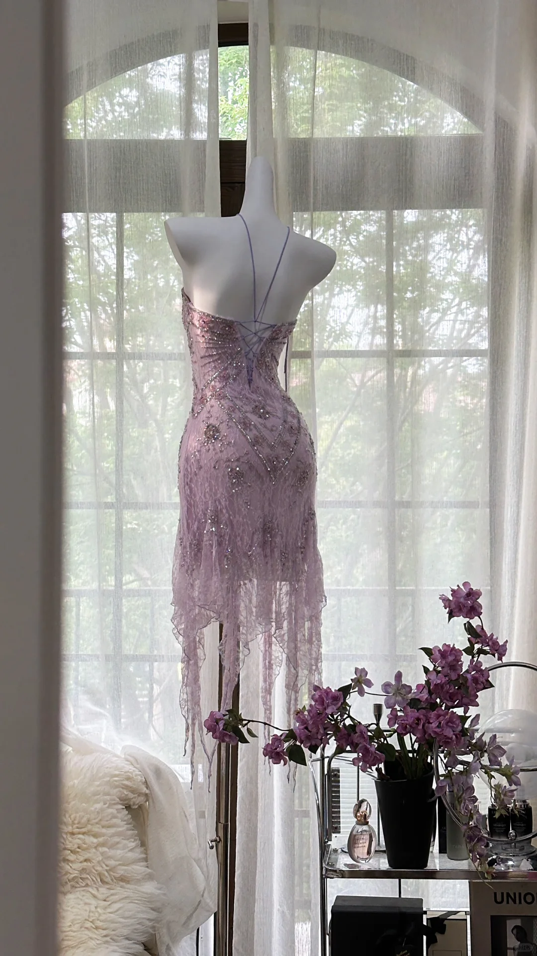 Stunning A Line Strapless Purple Rhinestone Lace Short Homecoming Dress Birthday Dress DP2469