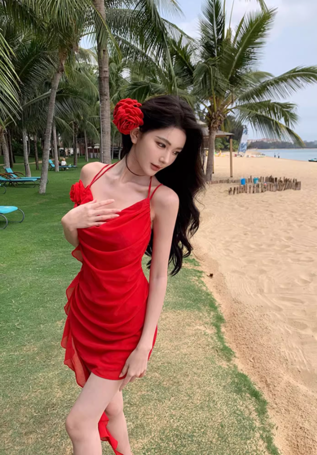 Backless Sheath Strap Red Chiffon Homecoming Dress Vacation Dress Outfits DP3407