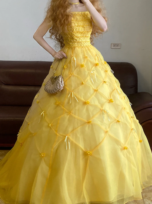 Yellow Ball Gown Strapless Beaded Organza 16th Birthday Dress Party Dress Quinceanera Dress DP4095
