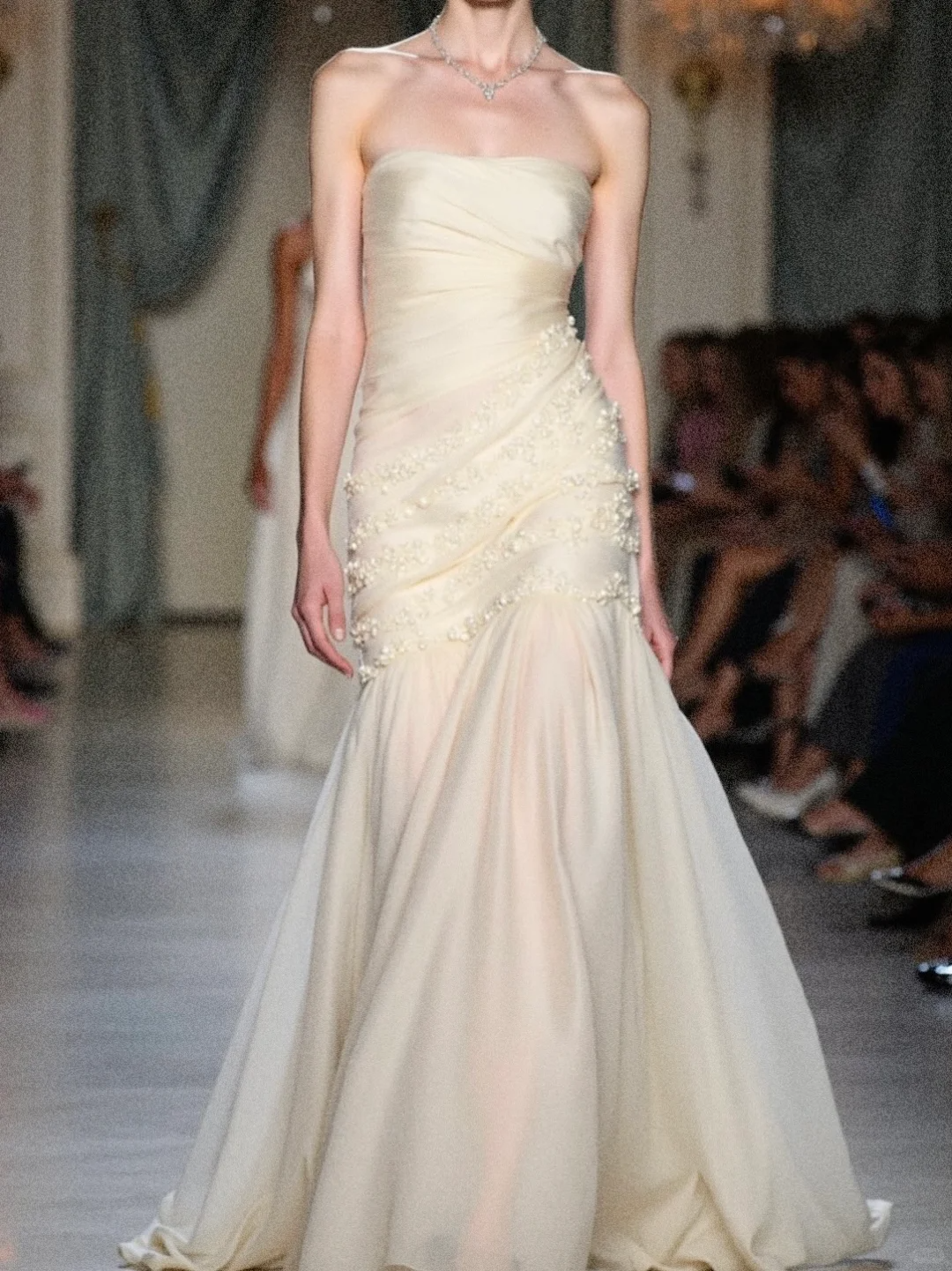 Vintage Light Apricot Mermaid Strapless Beaded Chiffon Long Evening Dress Prom Dress DP4515