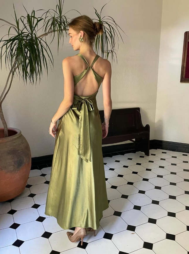 Green Sheath Halter Bow Satin Open Back Prom Dress Graduation Prom Dress DP2165