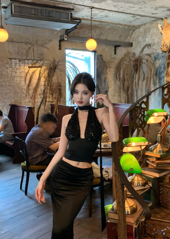 Black Sexy Two Piece Halter Sequin Satin Long Prom Dress Evening Dress Party Dress DP3136