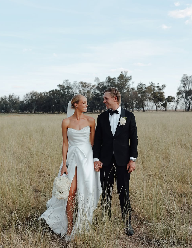Gorgeous A Line Strapless Pearl Satin Long Sweep Wedding Dress with Slit DP1880