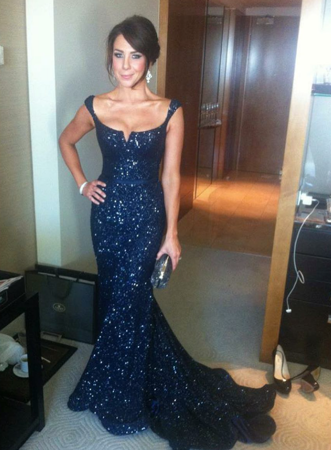 Navy Blue Mermaid Spaghetti Strap Sequin Long Prom Dress Wedding Guest Dress DP4320