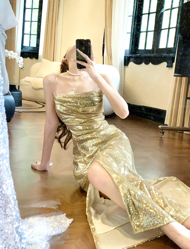 Shiny Golden Mermaid Spaghetti Strap Sequin Prom Dress 16th Birthday Dress with Slit DP3570